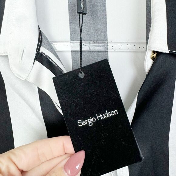 SERGIO HUDSON | NEW Silk Button Down Black/White Stripe Blouse Women’s Size M - Picture 9 of 12